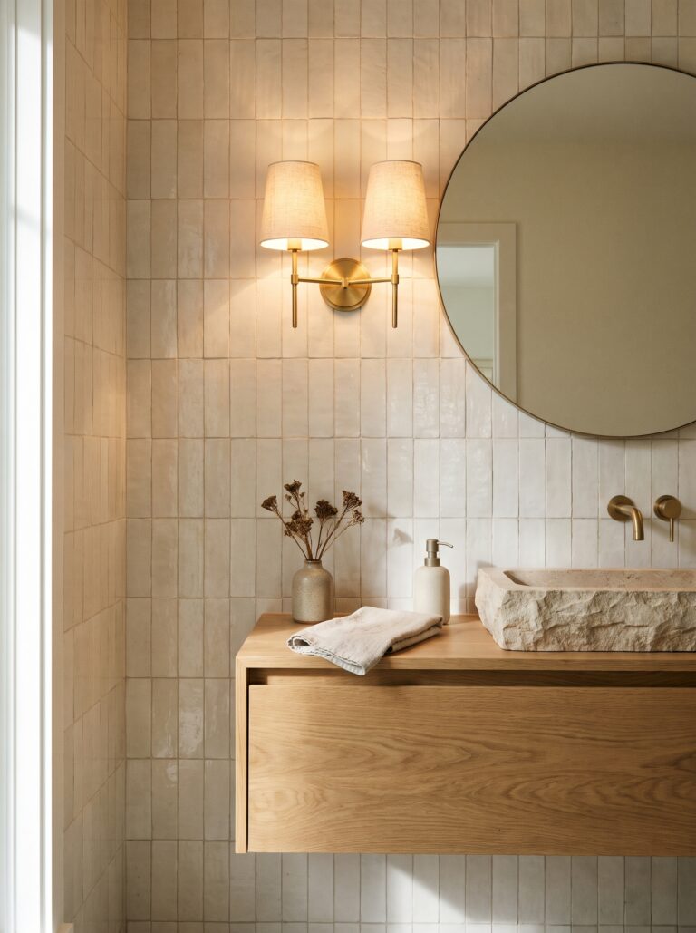 cream zellige tile stacked floor to ceiling on a vanity wall with brass sconces and a floating oak vanity