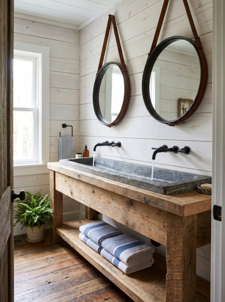 Long stone trough sink with two black wall-mounted faucets on an open reclaimed wood vanity, with two round mirrors hung from leather straps.