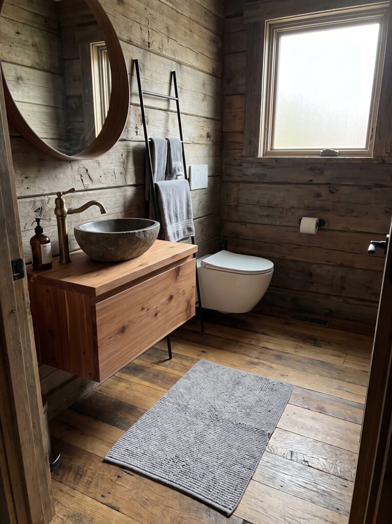 Small cabin bathroom with a floating cedar vanity, a river-stone vessel sink, a wall-hung toilet and a black leaning towel ladder on reclaimed plank walls.