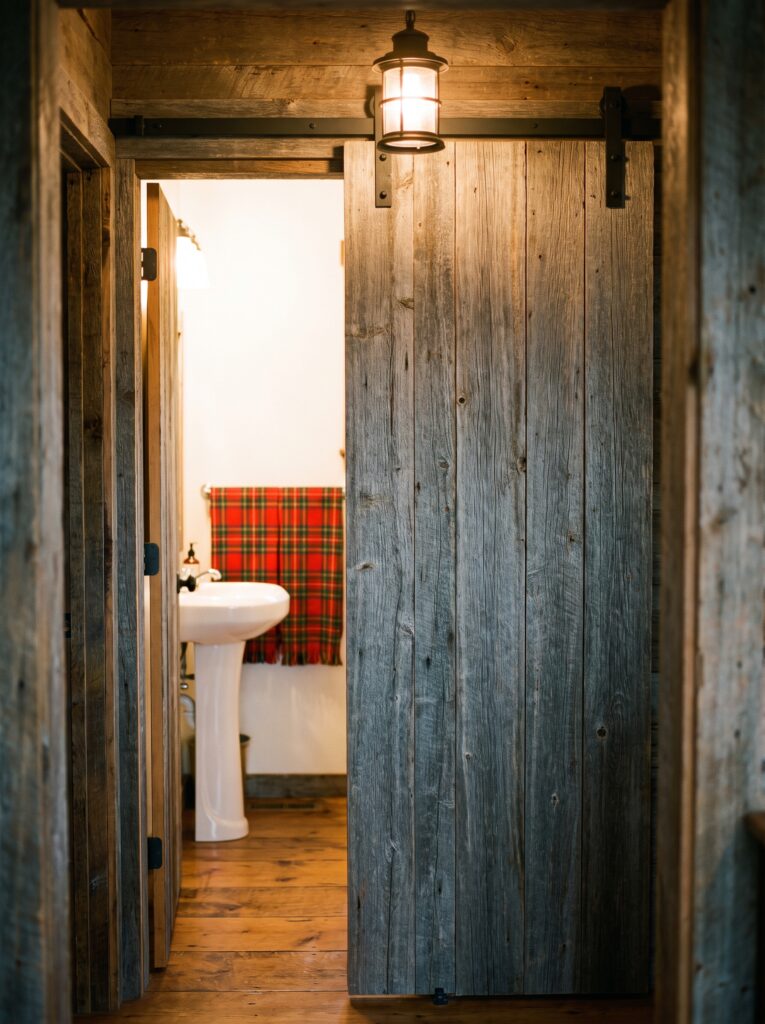 Weathered gray plank sliding barn door on a black rail with a lantern above it, opening onto a small bathroom with a pedestal sink and a red plaid blanket.