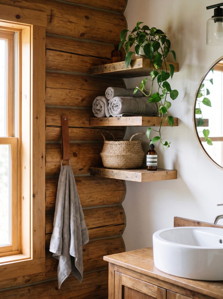 Three reclaimed wood shelves on a log wall holding rolled gray towels, a seagrass basket, an amber bottle and a trailing pothos, beside a leather towel strap.