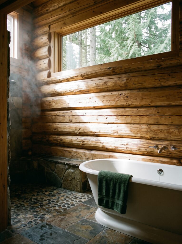 Long horizontal window high in a log wall above a white freestanding tub, with evergreen branches outside, a stone bench and a pebble and slate floor.