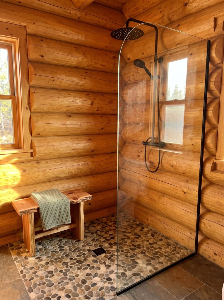 Corner walk-in shower in a log cabin bathroom with a river-rock pebble floor, curved glass panel, black rain shower and a live-edge cedar bench.
