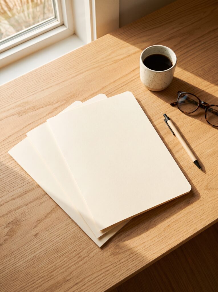 Three blank cream folders fanned on an oak desk beside a ceramic coffee cup, reading glasses and a pen in window light
