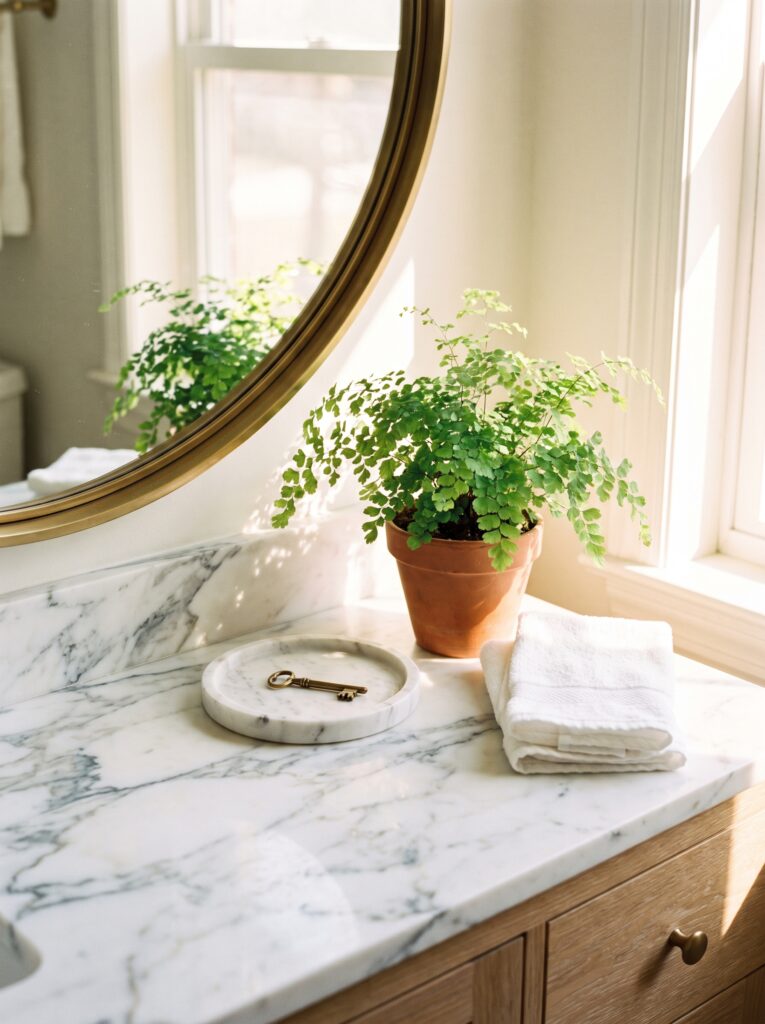 A brass key on a marble tray beside a potted fern and a folded white towel on a marble vanity with a round brass mirror and a sunny window