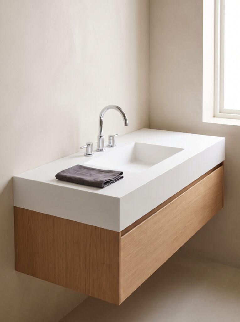 A seamless white solid surface vanity top with a molded basin on a floating oak vanity with a chrome faucet and a charcoal washcloth