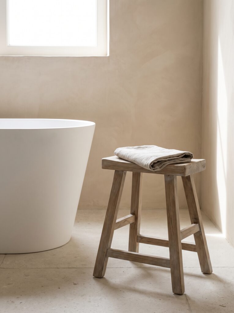 A weathered teak stool with a folded linen towel beside a white freestanding tub