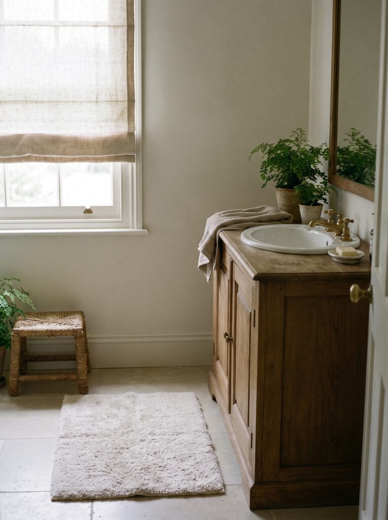A linen Roman shade, wood vanity, cotton bath mat and woven stool in a quiet bathroom