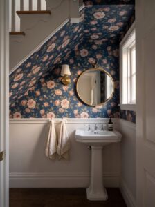 Navy rose wallpaper running over the sloped underside of a staircase above white panelling and a pedestal sink with a round brass mirror.