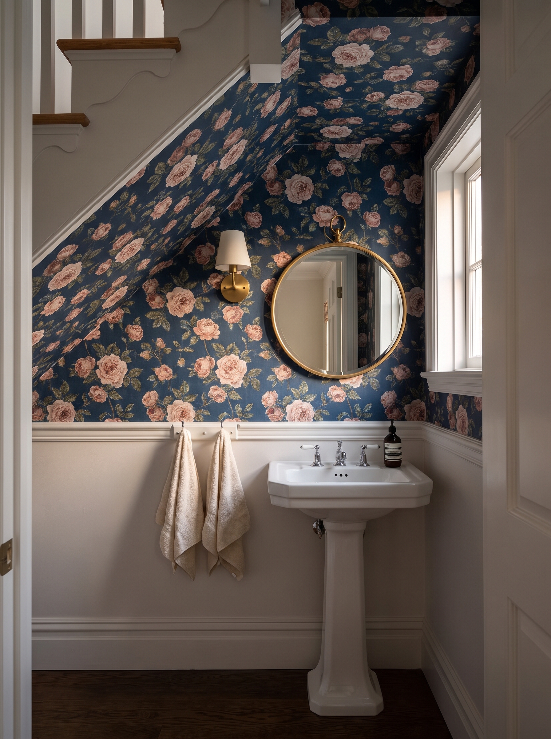 Navy rose wallpaper running over the sloped underside of a staircase above white panelling and a pedestal sink with a round brass mirror.