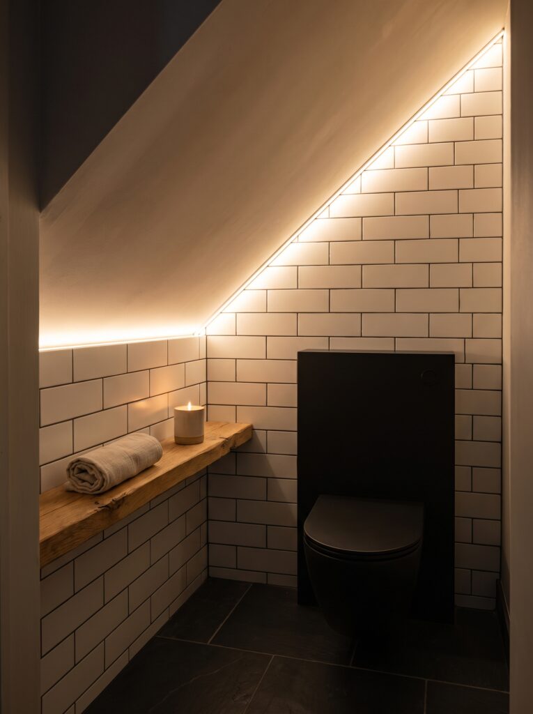 Warm LED strip glowing along the sloped edge above white metro tiles, a black wall-hung toilet and an oak shelf with a rolled towel.