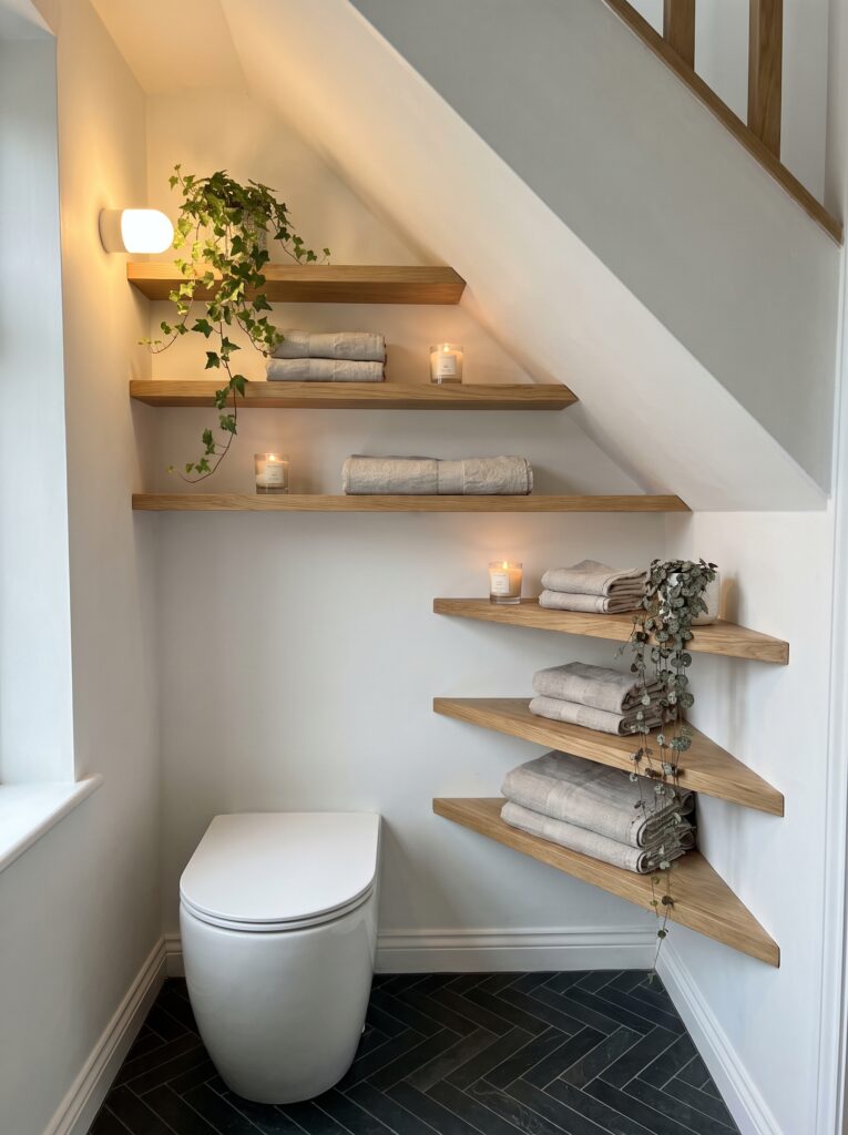 Oak shelves cut to follow the stair slope and triangular corner shelves holding towels, ivy and a wall-hung toilet below.