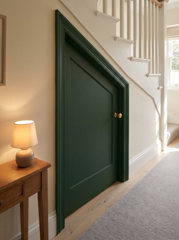 Forest green panelled door with an angled top that follows the stair line, a brass knob and a console table with a lamp.