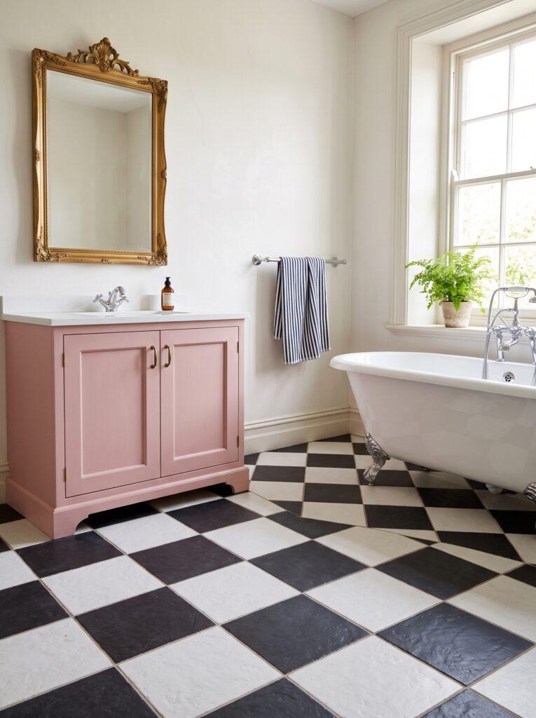 Bathroom with a large black and white checkerboard tile floor set on the diagonal, a soft pink painted vanity with brass handles, a gilded mirror and a clawfoot tub with silver feet.