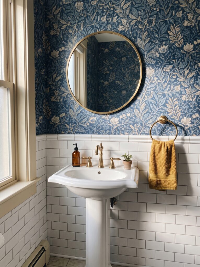 Navy and cream botanical wallpaper above white subway tile wainscot with a pedestal sink, brass faucet, round brass mirror and a mustard hand towel on a brass ring.