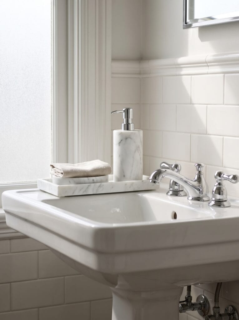marble effect soap dispenser and tray set on pedestal sink ledge