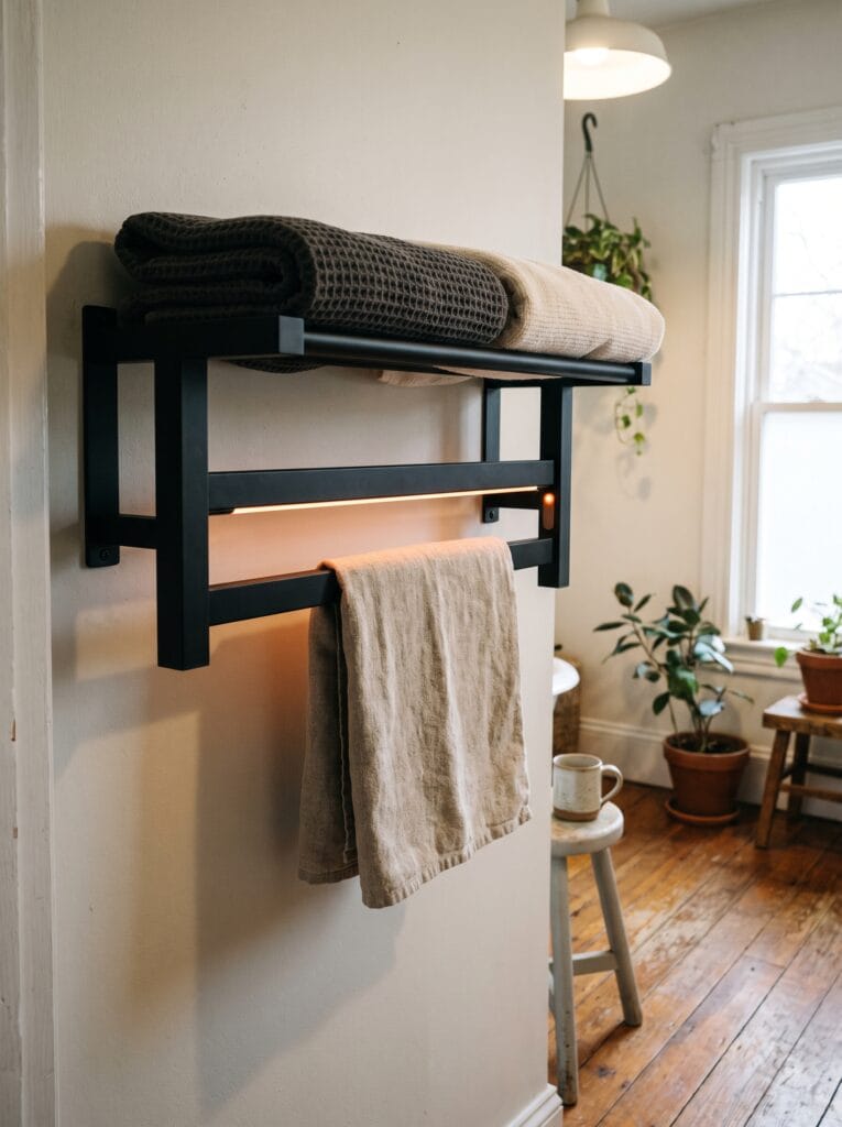 matte black towel rack with folded towels above heated towel bar