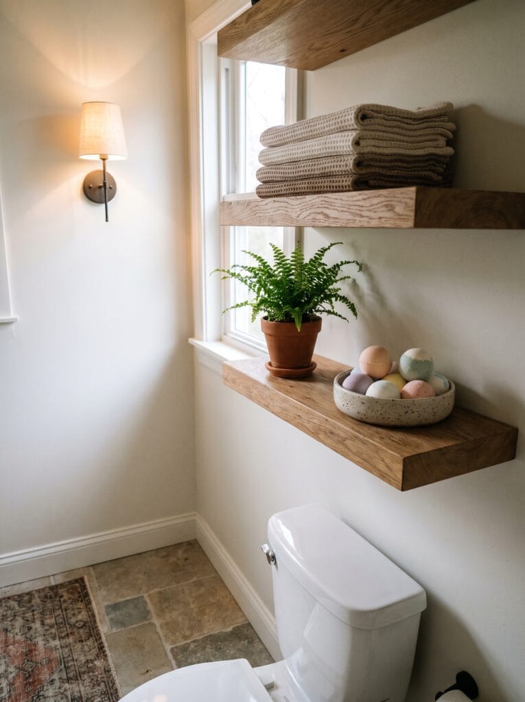 floating oak shelves above toilet holding folded washcloths fern and bath bombs