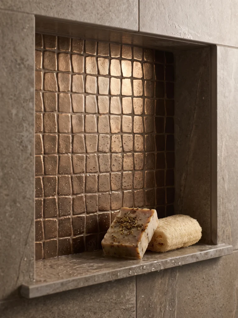Bronze metallic mosaic tile inside a shower niche