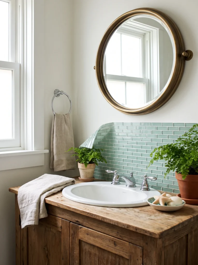 Seafoam glass mosaic tile backsplash with a bullnose edge
