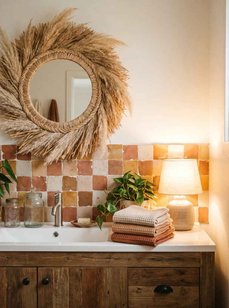Terracotta and cream zellige tile backsplash behind a wood vanity