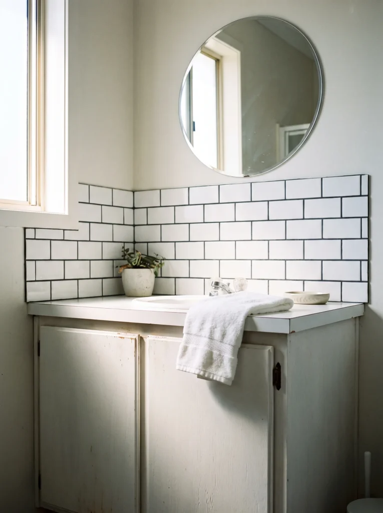 White subway tile backsplash with dark charcoal grout
