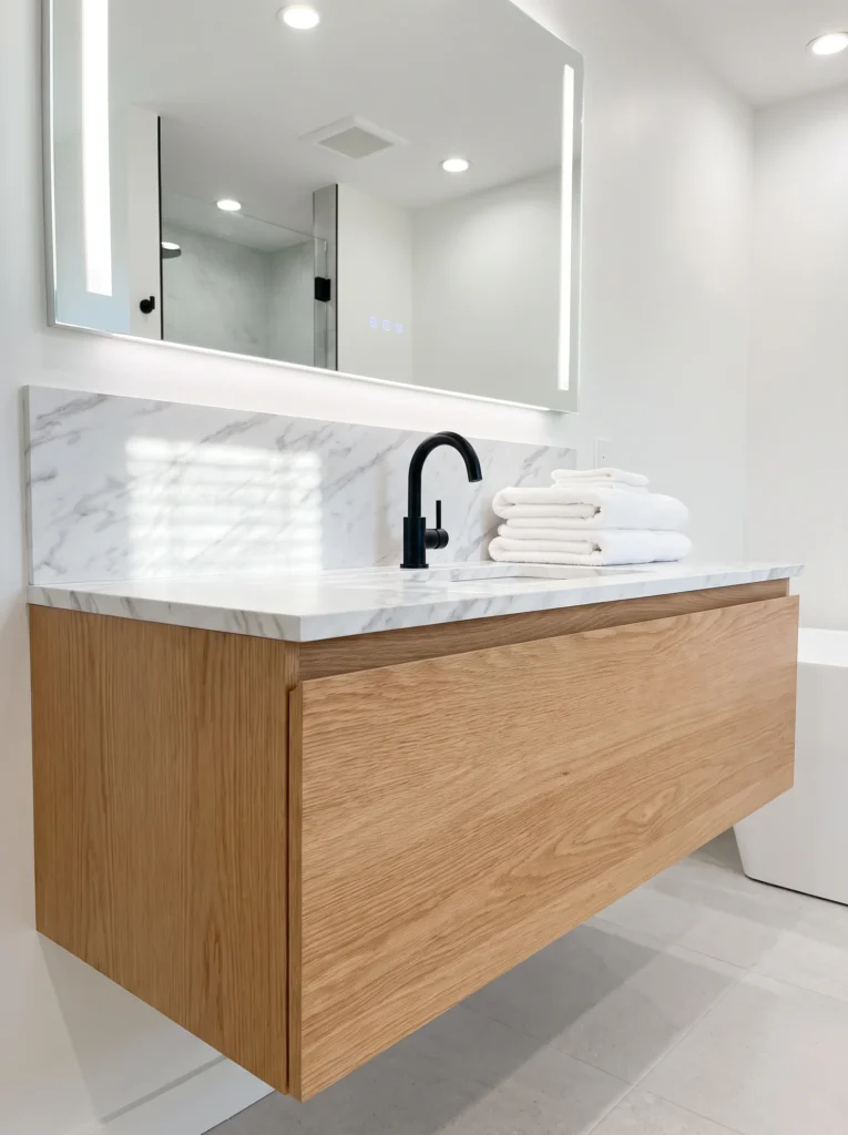 Faux marble slab backsplash behind a floating oak vanity