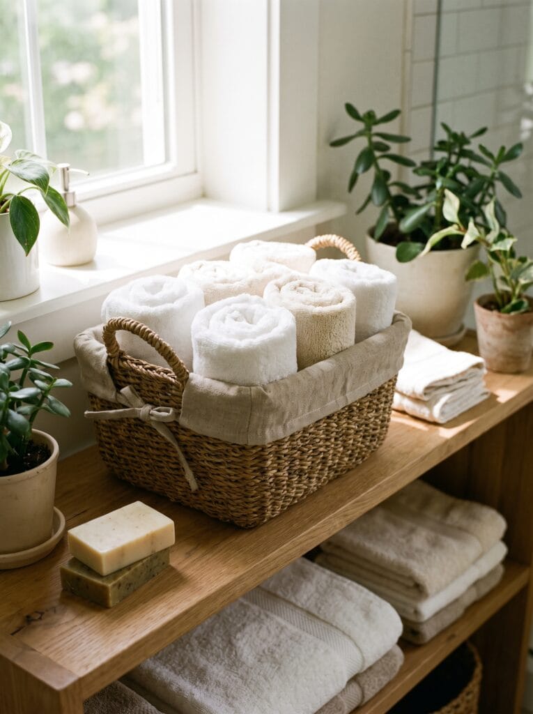 rectangular wicker basket on a bathroom bench holding folded washcloths and a candle