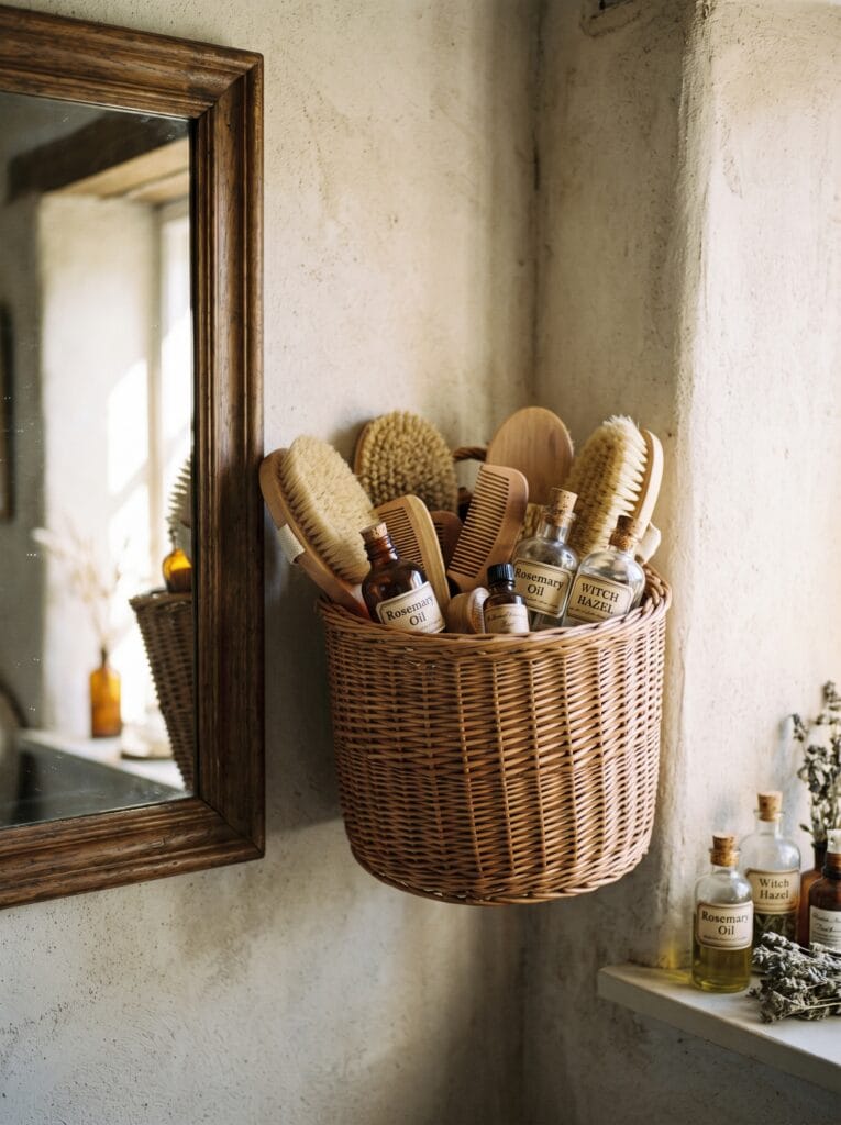 round braided jute basket under a wall-mounted sink holding extra toilet paper rolls