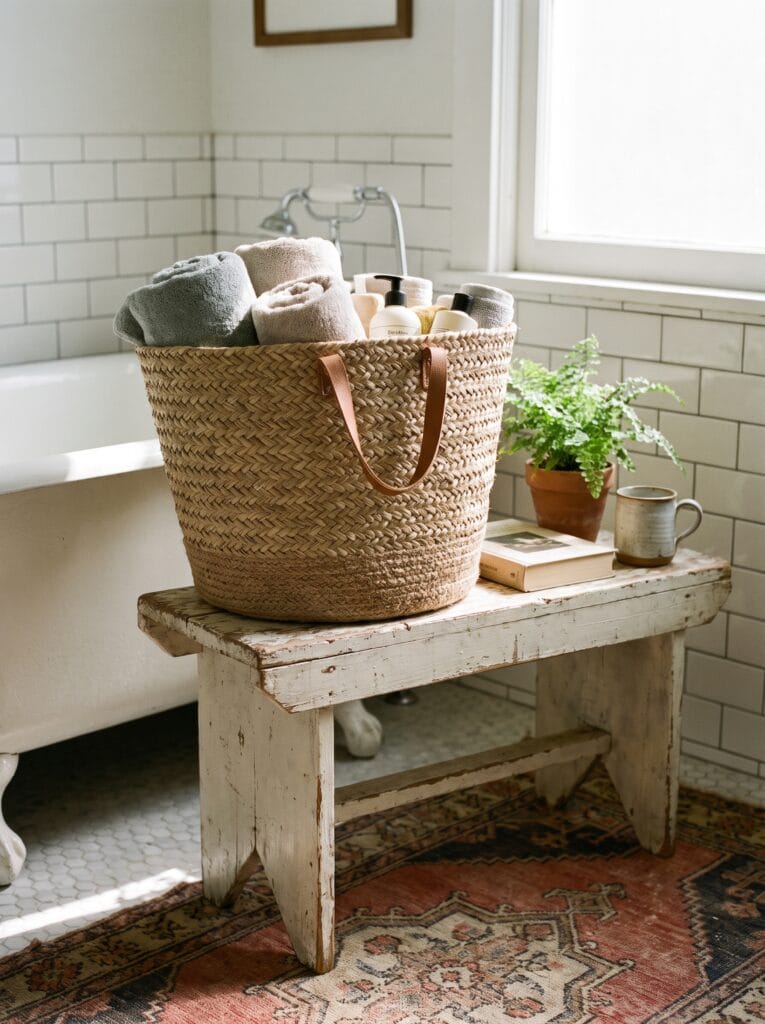 dark rattan basket on the floor of a powder room next to a pedestal sink with brass fixtures