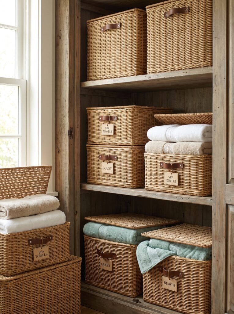 small round basket on bathroom counter filled with cotton balls and rolled washcloths