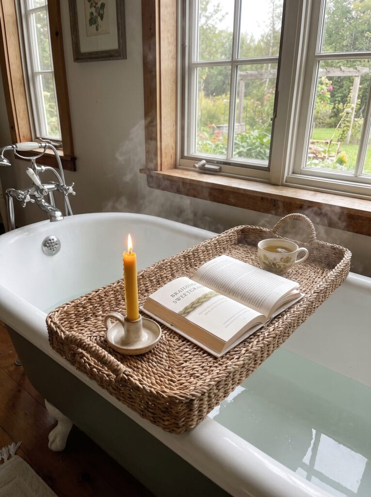 woven basket with handles sitting on a bathroom stool used as a side table