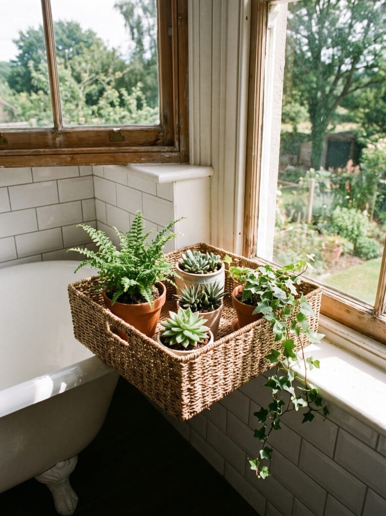 natural fiber basket tray on the edge of a bathtub holding a book and a candle