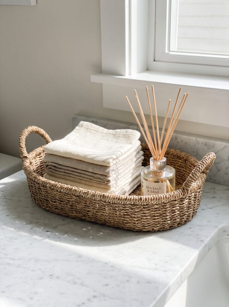 round wicker basket under a vanity sink storing rolled hand towels and a diffuser