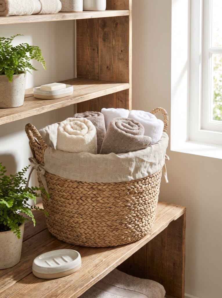 square woven basket on a bathroom windowsill holding small potted plants