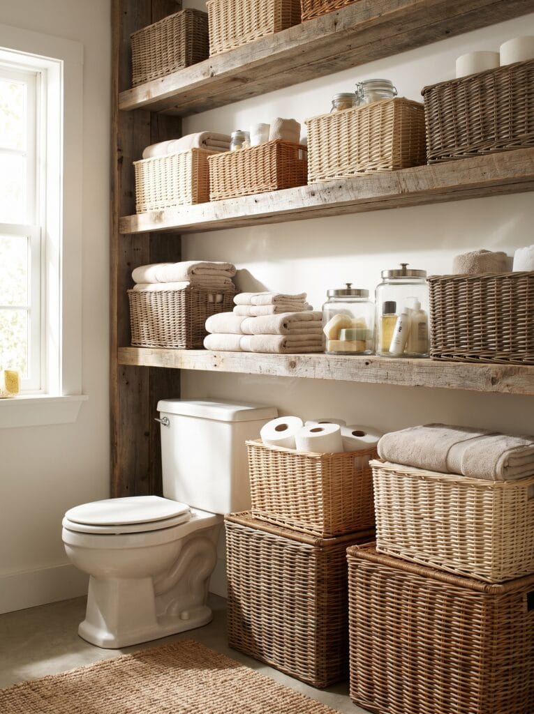 stacked wicker baskets on open wood shelving above a bathroom toilet, storing linens and toiletries