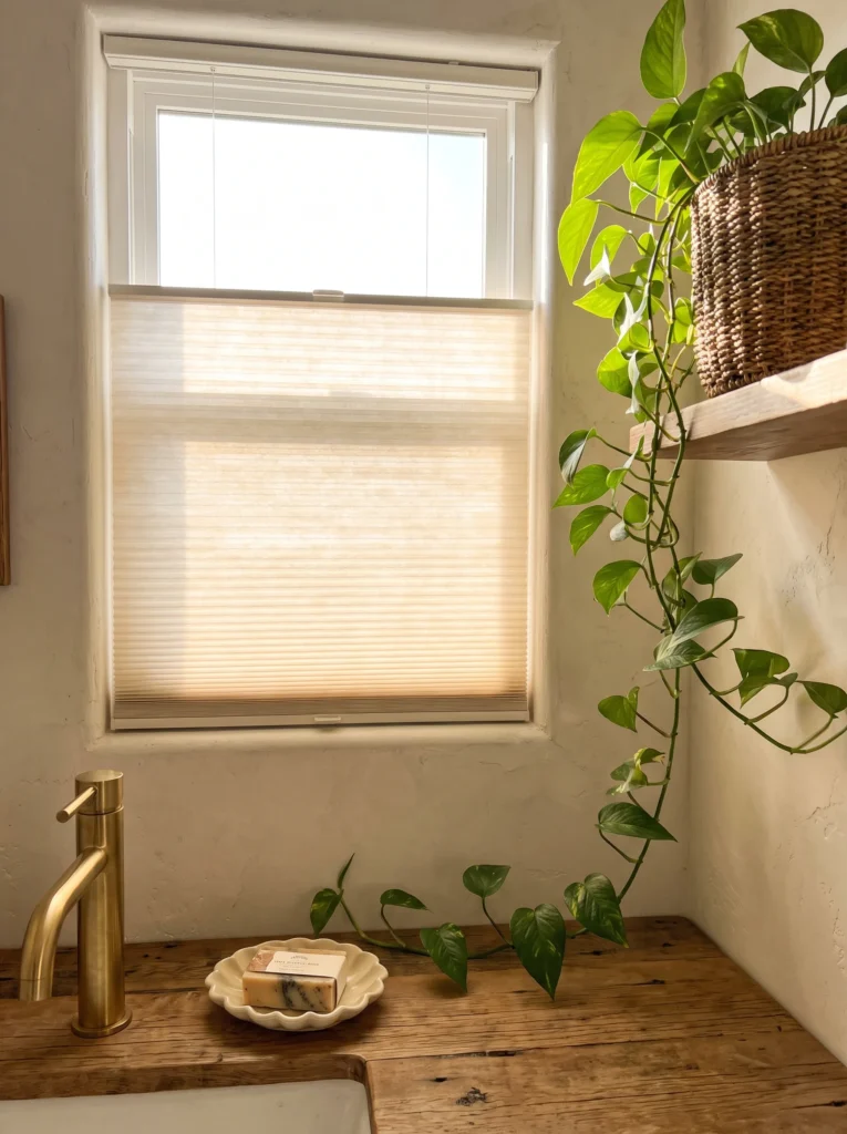 white pleated shade with a trailing pothos vine draped from a woven basket