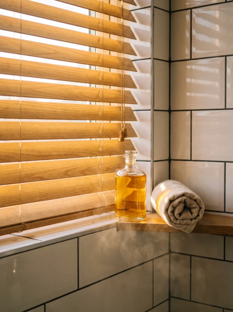 honey oak venetian blinds tilted over a shower window with amber bath oil