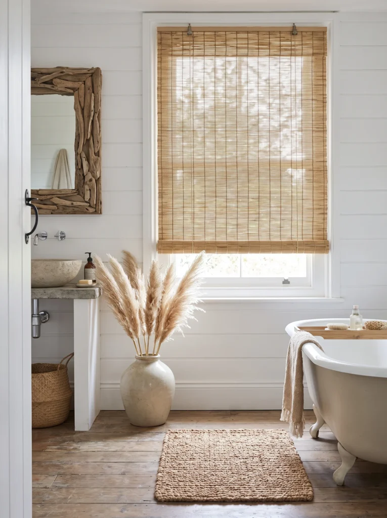 woven bamboo matchstick blind in a coastal bathroom with a driftwood mirror