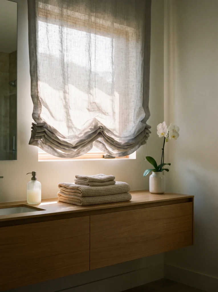 dove gray linen roman shade in scalloped folds above a floating vanity