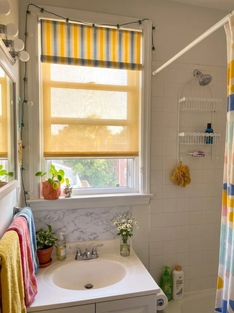 yellow and blue striped cafe curtains in an eclectic rental bathroom