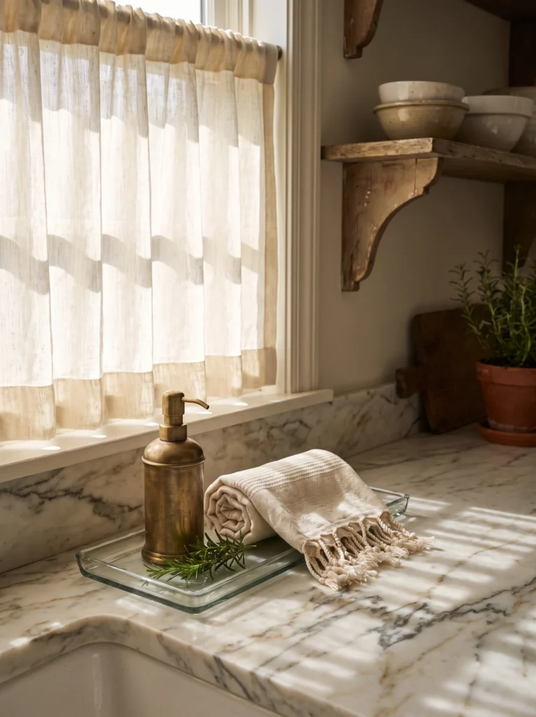 sheer linen cafe curtains over a bathroom window with a rosemary sprig on the sill