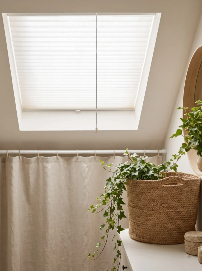 white skylight cellular shade with a pull cord and trailing ivy plant
