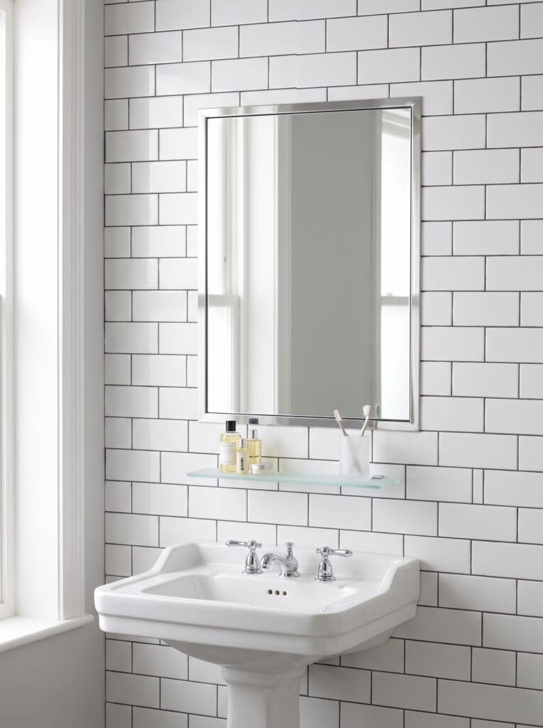 framed bathroom mirror with glass shelf