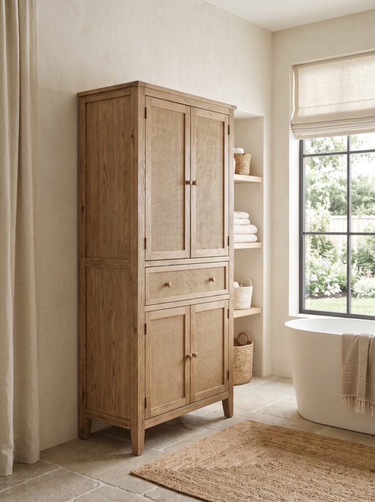 tall cane-front bathroom armoire cabinet