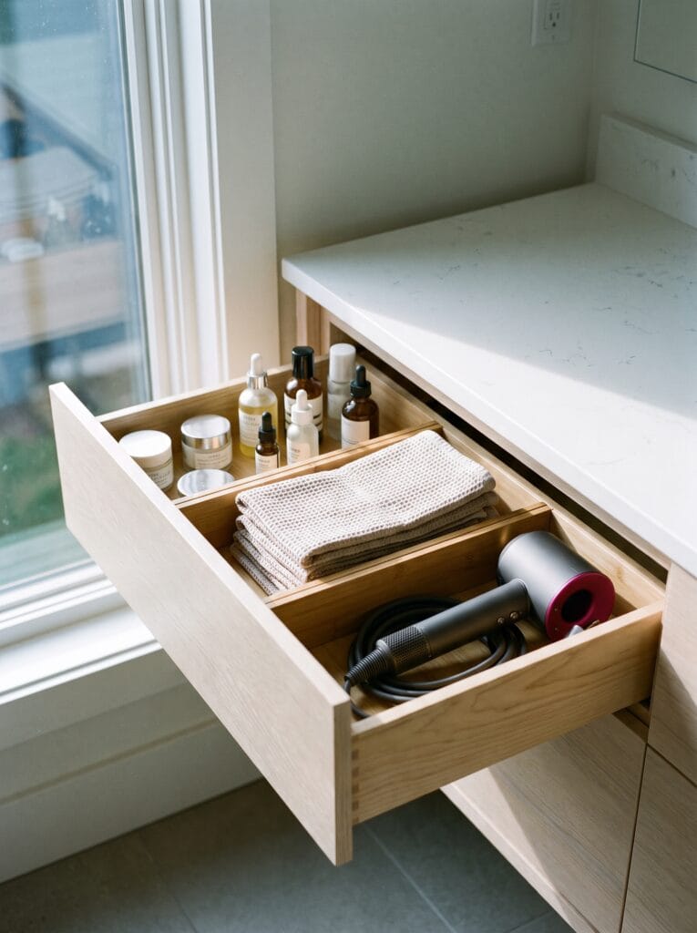 Wide pale oak bathroom drawer divided into three zones holding skincare bottles folded towels and a hair dryer