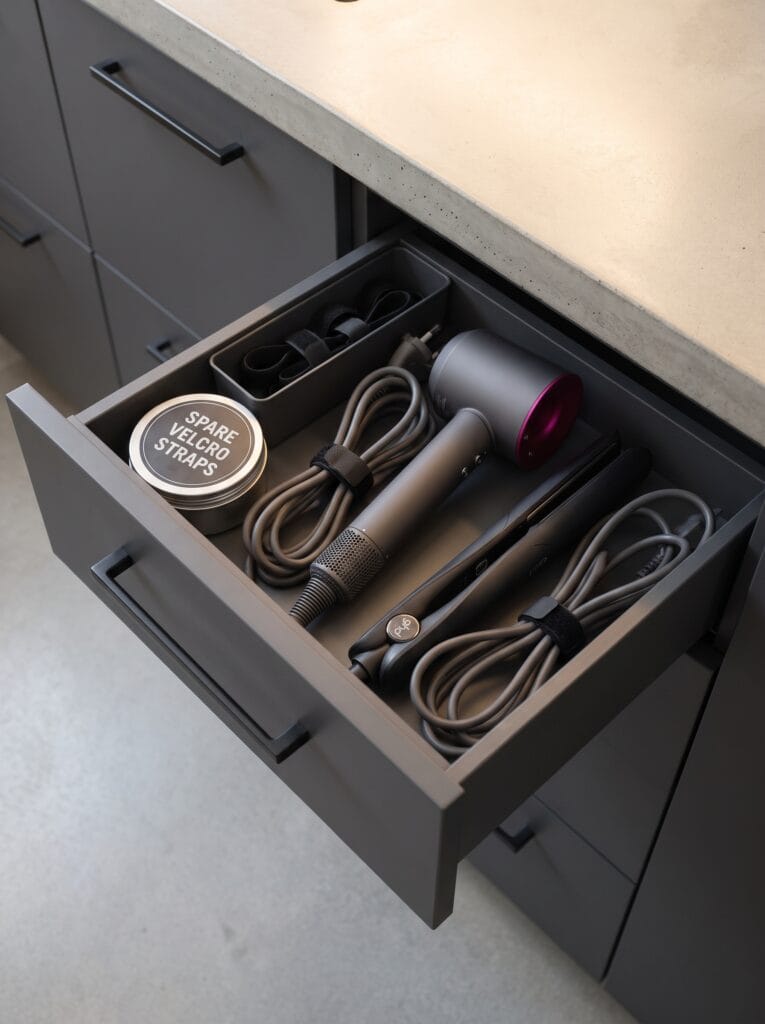 Charcoal bathroom drawer holding a hair dryer and flat iron with cords wrapped in black velcro straps