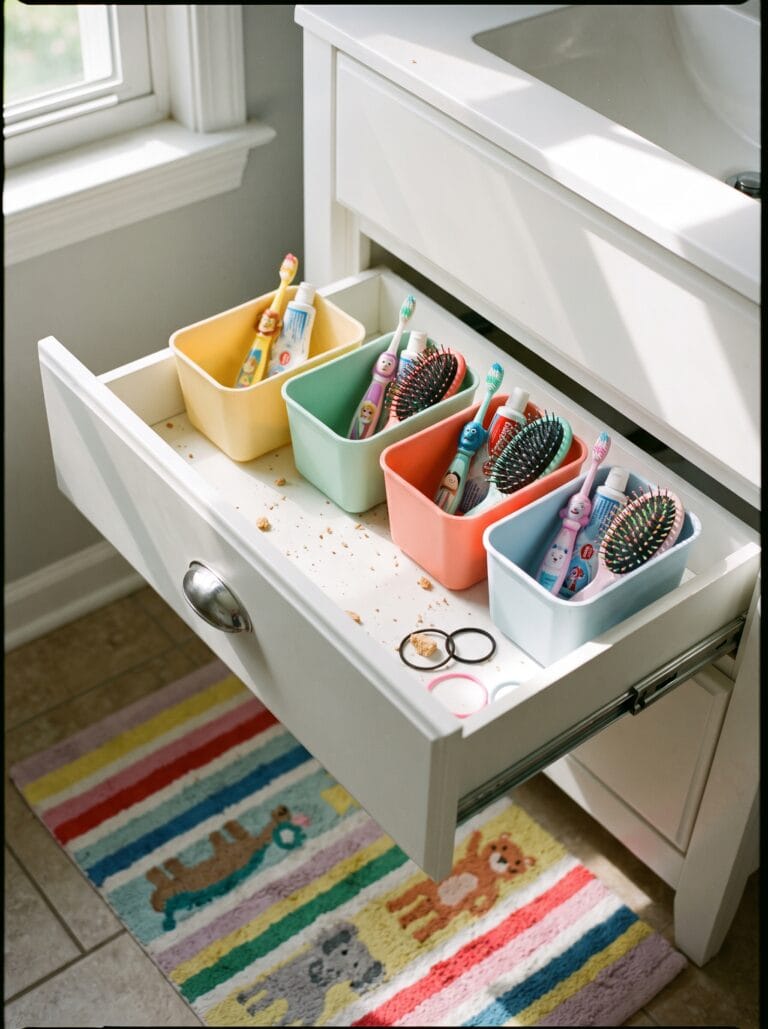 White family bathroom drawer with four pastel bins holding kids toothbrushes toothpaste and hairbrushes