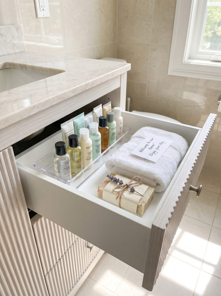 Fluted grey bathroom vanity drawer with travel size toiletries rolled white towels and wrapped soap bars