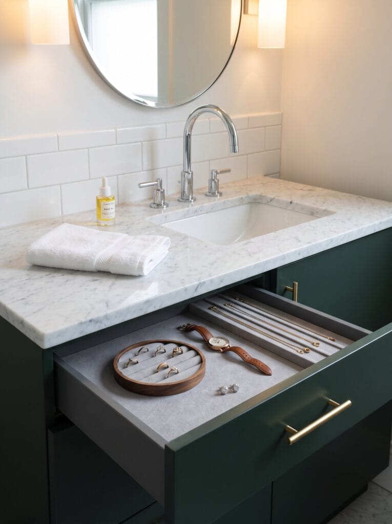 Dark green bathroom vanity drawer lined in grey felt holding a wooden ring tray a leather watch and gold chains